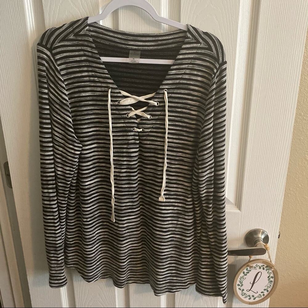 St John’s Bay Lace Up Striped Pullover Top Women's Size XL Black & White
